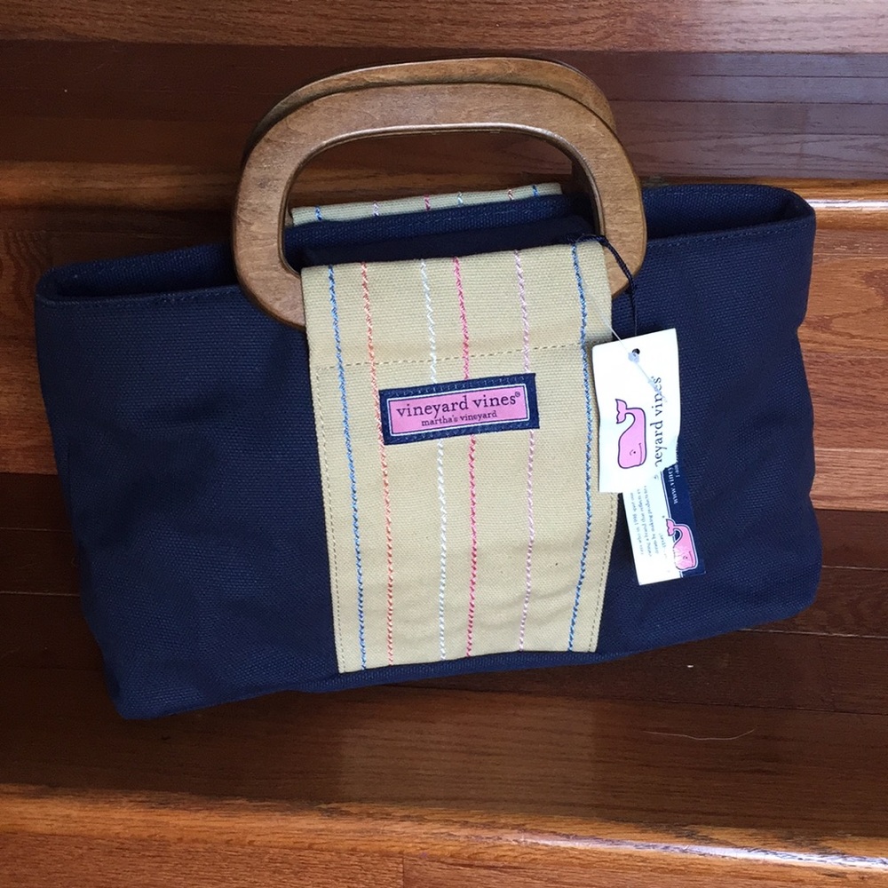 Vineyard Vines Navy Canvas Satchel with Cream Center Panel and Wood Handles